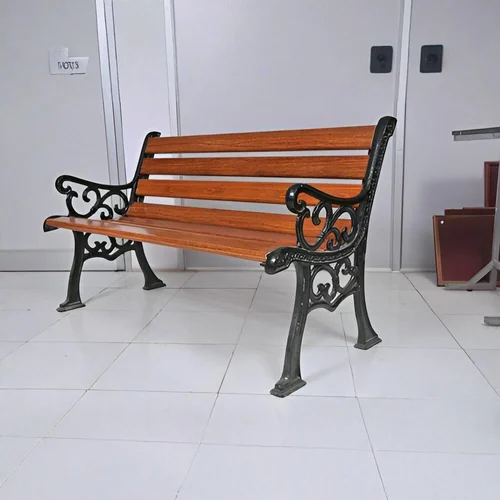 Black iron three-seater garden bench